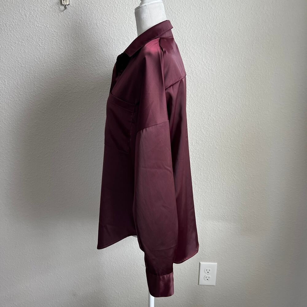 Nasty Gal Dark Red Oversized Button Down Shirt Women's 4 Shimmer Long Sleeves - Picture 3 of 7
